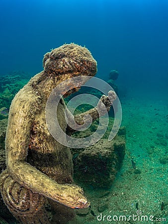 Statue of Dionysus with a crown of ivy in Claudioâ€™s Ninfeum. Statue of Dionysus with panther in Claudioâ€™s Ninfeum. underwater Stock Photo